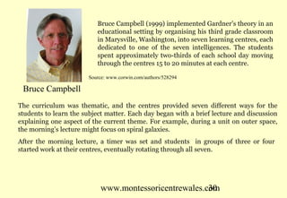 www.montessoricentrewales.com
The curriculum was thematic, and the centres provided seven different ways for the
students to learn the subject matter. Each day began with a brief lecture and discussion
explaining one aspect of the current theme. For example, during a unit on outer space,
the morning’s lecture might focus on spiral galaxies.
After the morning lecture, a timer was set and students in groups of three or four
started work at their centres, eventually rotating through all seven.
Bruce Campbell
Bruce Campbell (1999) implemented Gardner’s theory in an
educational setting by organising his third grade classroom
in Marysville, Washington, into seven learning centres, each
dedicated to one of the seven intelligences. The students
spent approximately two-thirds of each school day moving
through the centres 15 to 20 minutes at each centre.
Source: www.corwin.com/authors/528294
 