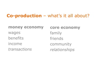 Co-production – what’s it all about?

money economy     core economy
wages             family
benefits          friends
income            community
transactions      relationships
 