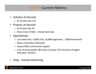 SWAP – Current Metrics   

       •  Scholars at Harvard 
              –  Nr of web sites 175 
       •  Projects at Harvard 
              –  Nr of web sites 47 
              –  Hosts most of IQSS – related web sites 
       •  OpenScholar 
              –    Last week only:  6,000 visits, 16,000 pageviews, ~ 1000 downloads* 
              –    Many universiPes interested  
              –    Acquia oﬀers commercial support 
              –    A lot of press (twiTer @scholar_harvard, The Chronicle of higher 
                   educaPon, OstaPc ) 


       •  Zelig – started refactoring  

           IQSS Goals FY 2011                                                     6th August 2010 
 