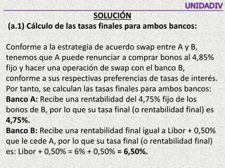 SOLUCIÓN
(a.1) Cálculo de las tasas finales para ambos bancos:
Conforme a la estrategia de acuerdo swap entre A y B,
tenemos que A puede renunciar a comprar bonos al 4,85%
fijo y hacer una operación de swap con el banco B,
conforme a sus respectivas preferencias de tasas de interés.
Por tanto, se calculan las tasas finales para ambos bancos:
Banco A: Recibe una rentabilidad del 4,75% fijo de los
bonos de B, por lo que su tasa final (o rentabilidad final) es
4,75%.
Banco B: Recibe una rentabilidad final igual a Libor + 0,50%
que le cede A, por lo que su tasa final (o rentabilidad final)
es: Libor + 0,50% = 6% + 0,50% = 6,50%.
 