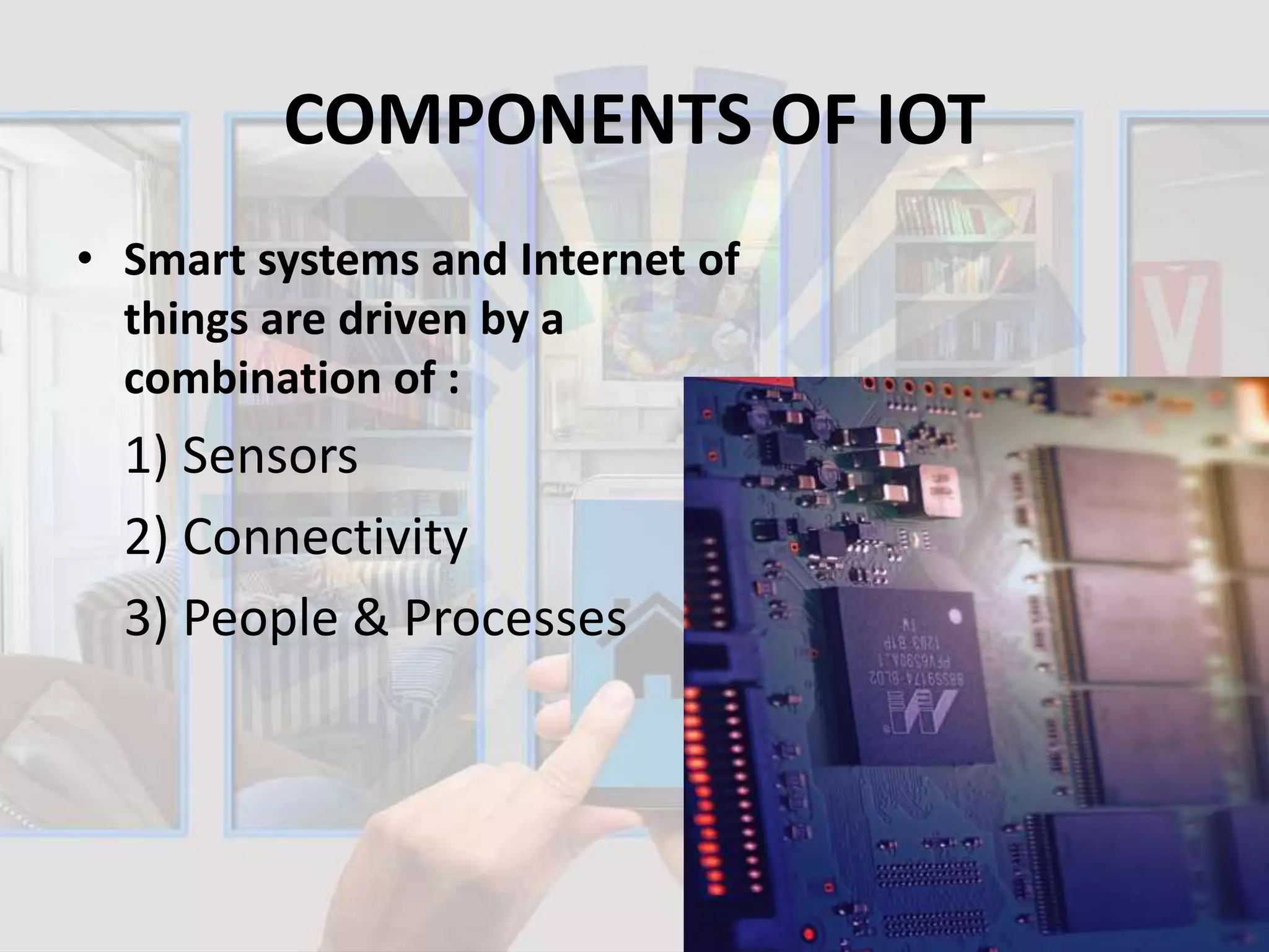 COMPONENTS OF IOT
• Smart systems and Internet of
things are driven by a
combination of :
1) Sensors
2) Connectivity
3) People & Processes
 