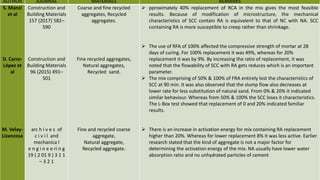 AUTHOR JOURNAL MATERIALS REMARKS
S. Manzi
et al
D. Carro-
López et
al
M. Velay-
Lizancosa
Construction and
Building Materials
157 (2017) 582–
590
Construction and
Building Materials
96 (2015) 491–
501
arc h i v e s of
c i v i l and
mechanica l
e n g i n e e ri n g
19 ( 2 01 9 ) 3 1 1
– 3 2 1
Coarse and fine recycled
aggregates, Recycled
aggregates.
Fine recycled aggregates,
Natural aggregates,
Recycled sand.
Fine and recycled coarse
aggregate,
Natural aggregate,
Recycled aggregate.
 pproximately 40% replacement of RCA in the mix gives the most feasible
results. Because of modification of microstructure, the mechanical
characteristics of SCC contain RA is equivalent to that of NC with NA. SCC
containing RA is more susceptible to creep rather than shrinkage.
 The use of RFA of 100% affected the compressive strength of mortar at 28
days of curing. For 100% replacement it was 49%, whereas for 20%
replacement it was by 9%. By increasing the ratio of replacement, it was
noted that the flowability of SCC with RA gets reduces which is an important
parameter.
 The mix comprising of 50% & 100% of FRA entirely lost the characteristics of
SCC at 90 min. It was also observed that the slump flow also decreases at
lower rate for less substitution of natural sand. From 0% & 20% it indicated
similar behaviour. Whereas from 50% & 100% the SCC loses it characteristics.
The L-Box test showed that replacement of 0 and 20% indicated familiar
results.
 There is an increase in activation energy for mix containing RA replacement
higher than 20%. Whereas for lower replacement 8% it was less active. Earlier
research stated that the kind of aggregate is not a major factor for
determining the activation energy of the mix. NA usually have lower water
absorption ratio and no unhydrated particles of cement
 