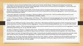 • Puja Rajhans, Gaurav Chand, Nishikant Kisku, Sarat Kumar Panda, Sanket Nayak, “Proposed mix design for producing
sustainable self-compacting heat cured recycled aggregate concrete and its microstructural investigation,” Construction and
Building Materials, Vol 218, pp. 568-581. (2019).
• Reza Bani Ardalan, Zahra Nouri Emamzadeh, Haleh Rasekh, Alireza Joshaghani & Bijan Samali, “Physical and mechanical
properties of polymer modified self-compacting concrete (SCC) using natural and recycled aggregates,” Journal of sustainable
Cement-Based Materials, (2019).
• I. Gonzalez-Taboada, B. Gonzalez-Fonteboa, F. Martinez-Abella, and S.Seara-Paz, “Self-Consolidating Recycled Concrete:
Rheological Behaviour Over Time,” ACI MATERIALS JOURNAL, (2020).
• F. Fiol, C. Thomas, C. Munoz, V. Ortega-Lopez, J.M. Manso, “The influence of recycled aggregates from precast element on the
mechanical properties of structural self-compacting concrete,” Construction and Building Materials, Vol. 182, pp. 309-323,
(2018).
• Erhan Guneyisi, Mehmet Gesoglu, Zeynep Algun, Halit Yazici, “Rheological and fresh properties of self-compacting concretes
containing coarse and fine recycled concrete aggregates”, Construction and Building Materials, Vol. 113, pp 622-630, (2016).
• Yasser Khodair, Luqman, “Self-compacting concrete using recycled asphalt pavement and recycled concrete aggregate,” Journal
of Building Engineering, Vol. 12, pp. 282-287, (2017).
• D. Nieto, E. Dapena, P. Alaejos, J. Dimedo and D. Perez, “Properties of Self-Compacting Concrete Prepared with Coarse
Recycled Concrete Aggregates and Different Water:Ceement Ratios,” American Society of Civil Engineers, Vol. 31(2), (2019).
• Kanish Kapoor, Surinder Pal Singh & Bhupinder Singh, “Evaluating the durability properties of self-compacting concrete made
with coarse and fine recycled concrete aggregates,” European Journal of Environmental and Civil Engineering, (2018).
• Zhanggen Guo, Tao Jiang, Jing Zhang, Xiangkum Kong, Chen Chen, Dawn E. Lehman, “Mechanical and durability properties of
sustainable self-compacting concrete with recycled concrete aggregate and fly ash, slag and silica fume,” Construction and
Building Materials, Vol. 231, pp. 117115, (2020).
 