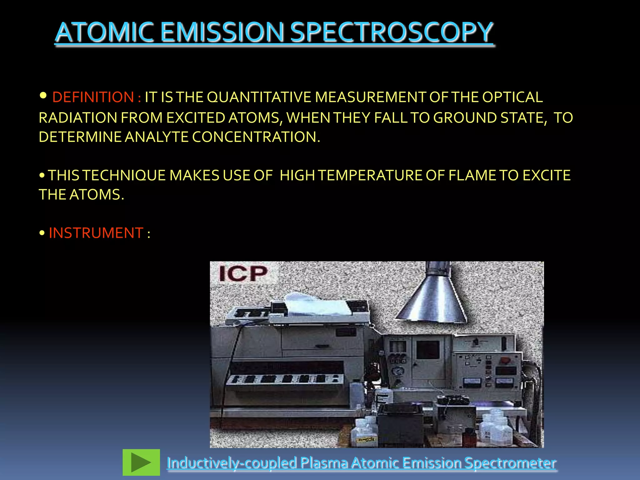 ATOMIC EMISSION SPECTROSCOPY

• DEFINITION : IT IS THE QUANTITATIVE MEASUREMENT OF THE OPTICAL
RADIATION FROM EXCITED ATOMS, WHEN THEY FALL TO GROUND STATE, TO
DETERMINE ANALYTE CONCENTRATION.

• THIS TECHNIQUE MAKES USE OF HIGH TEMPERATURE OF FLAME TO EXCITE
THE ATOMS.

• INSTRUMENT :




                 Inductively-coupled Plasma Atomic Emission Spectrometer
 