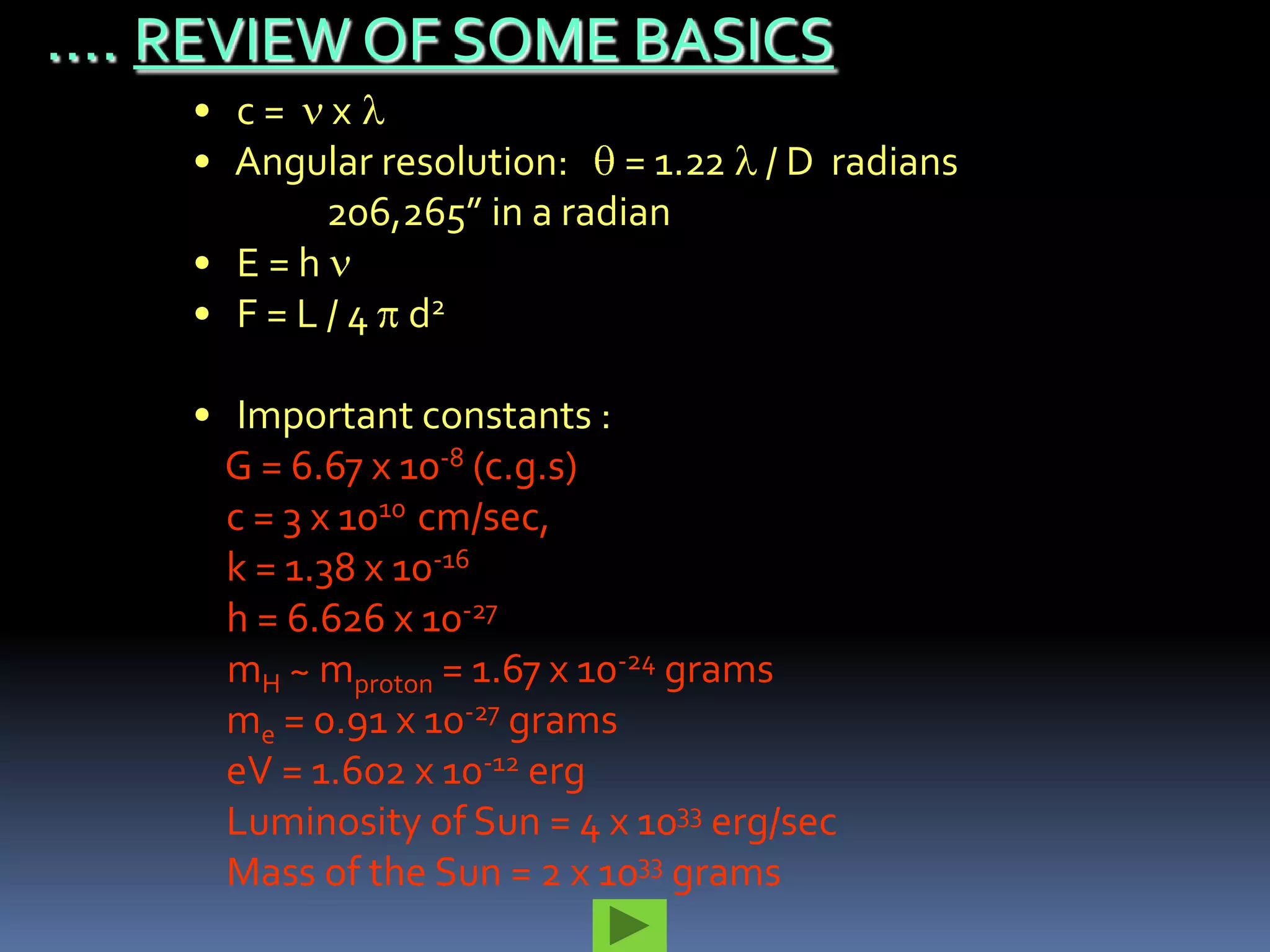 …. REVIEW OF SOME BASICS
    • c= x
    • Angular resolution: = 1.22 / D radians
            206,265” in a radian
    • E=h
    • F = L / 4 d2

    • Important constants :
      G = 6.67 x 10-8 (c.g.s)
      c = 3 x 1010 cm/sec,
      k = 1.38 x 10-16
      h = 6.626 x 10-27
      mH ~ mproton = 1.67 x 10-24 grams
      me = 0.91 x 10-27 grams
      eV = 1.602 x 10-12 erg
      Luminosity of Sun = 4 x 1033 erg/sec
      Mass of the Sun = 2 x 1033 grams
 