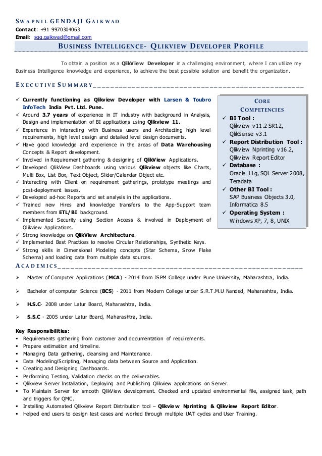 resume for qlikview developer position
