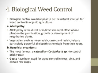 4. Biological Weed Control
• Biological control would appear to be the natural solution for
weed control in organic agriculture.
a. Allelopathy:
• Allelopathy is the direct or indirect chemical effect of one
plant on the germination, growth or development of
neighboring plants.
• Vegetables, such as horseradish, carrot and radish, release
particularly powerful allelopathic chemicals from their roots.
b. Beneficial organisms:
• The most famous, a caterpillar (Cactoblastis sp.) to control
prickly pear.
• Geese have been used for weed control in trees, vine, and
certain row crops.
 