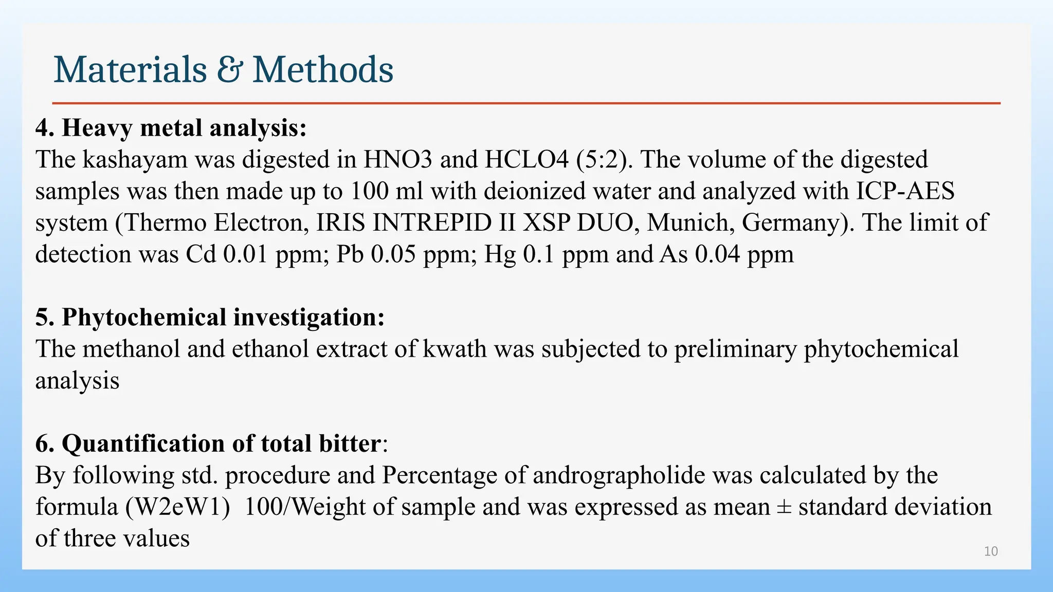 10
Materials & Methods
4. Heavy metal analysis:
The kashayam was digested in HNO3 and HCLO4 (5:2). The volume of the digested
samples was then made up to 100 ml with deionized water and analyzed with ICP-AES
system (Thermo Electron, IRIS INTREPID II XSP DUO, Munich, Germany). The limit of
detection was Cd 0.01 ppm; Pb 0.05 ppm; Hg 0.1 ppm and As 0.04 ppm
5. Phytochemical investigation:
The methanol and ethanol extract of kwath was subjected to preliminary phytochemical
analysis
6. Quantification of total bitter:
By following std. procedure and Percentage of andrographolide was calculated by the
formula (W2eW1) 100/Weight of sample and was expressed as mean ± standard deviation
of three values
 