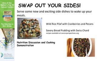 Nutrition Discussion and Cooking
Demonstration
SWAP OUT YOUR SIDES!
Serve some new and exciting side dishes to wake up your
meals.
Wild Rice Pilaf with Cranberries and Pecans
Savory Bread Pudding with Swiss Chard
recipes available at cancerperspectives.org
 