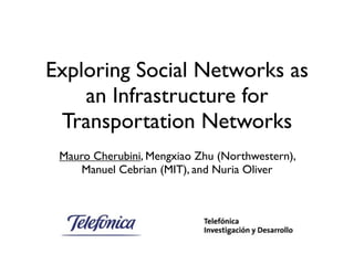 Exploring Social Networks as
    an Infrastructure for
 Transportation Networks
 Mauro Cherubini, Mengxiao Zhu (Northwestern),
     Manuel Cebrian (MIT), and Nuria Oliver
 