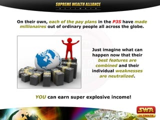 On their own, each of the pay plans in the P3S have made
 millionaires out of ordinary people all across the globe.




                                 Just imagine what can
                                 happen now that their
                                    best features are
                                   combined and their
                                 individual weaknesses
                                     are neutralized.




        YOU can earn super explosive income!
 