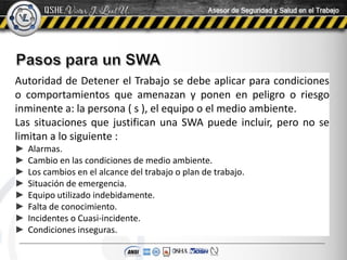 Autoridad de Detener el Trabajo se debe aplicar para condiciones
o comportamientos que amenazan y ponen en peligro o riesgo
inminente a: la persona ( s ), el equipo o el medio ambiente.
Las situaciones que justifican una SWA puede incluir, pero no se
limitan a lo siguiente :
► Alarmas.
► Cambio en las condiciones de medio ambiente.
► Los cambios en el alcance del trabajo o plan de trabajo.
► Situación de emergencia.
► Equipo utilizado indebidamente.
► Falta de conocimiento.
► Incidentes o Cuasi-incidente.
► Condiciones inseguras.
 