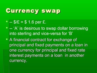Currency swapCurrency swap
 -- $/£ = $ 1.6 per £.
 -- ‘A’ is desirous to swap dollar borrowing
into sterling and vice-versa for ‘B’
 A financial contract for exchange ofA financial contract for exchange of
principal and fixed payments on a loan inprincipal and fixed payments on a loan in
one currency for principal and fixed rateone currency for principal and fixed rate
interest payments on a loan in anotherinterest payments on a loan in another
currency.currency.
 