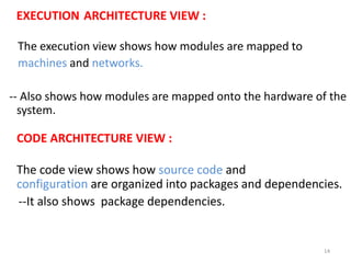 EXECUTION ARCHITECTURE VIEW :
The execution view shows how modules are mapped to
machines and networks.
-- Also shows how modules are mapped onto the hardware of the
system.
CODE ARCHITECTURE VIEW :
The code view shows how source code and
configuration are organized into packages and dependencies.
--It also shows package dependencies.
14
 