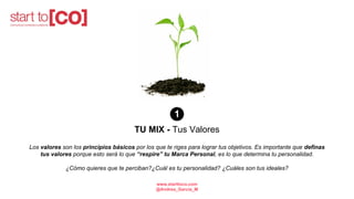 TU MIX - Tus Valores
Los valores son los principios básicos por los que te riges para lograr tus objetivos. Es importante que definas
tus valores porque esto será lo que “respire” tu Marca Personal, es lo que determina tu personalidad.
¿Cómo quieres que te perciban?¿Cuál es tu personalidad? ¿Cuáles son tus ideales?
1
www.starttoco.com
@Andrea_Garcia_M
 
