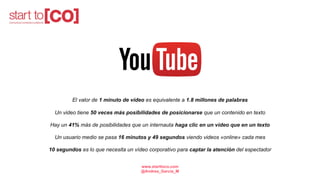 El valor de 1 minuto de vídeo es equivalente a 1.8 millones de palabras
Un video tiene 50 veces más posibilidades de posicionarse que un contenido en texto
Hay un 41% más de posibilidades que un internauta haga clic en un vídeo que en un texto
Un usuario medio se pasa 16 minutos y 49 segundos viendo videos «online» cada mes
10 segundos es lo que necesita un vídeo corporativo para captar la atención del espectador
www.starttoco.com
@Andrea_Garcia_M
 