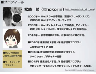 ■プロフィール
松崎 希（@hokorin）
■2010年 産業技術大学院大学 履修証明プログラム
人間中心デザイン 履修
■2012年 青山学院大学 履修証明プログラム
ワークショップデザイナー履修
■2012年 産業技術大学院大学 履修証明プログラム
 プロジェクトマネジメントプロフェッショナルスクール受講。
2012年∼ 自宅警備員になる。仕事はおもに猫の世話。
■HCD-Net認定
人間中心設計専門家
■ワークショップ
 デザイナー
http://www.hokorin.com/
Copyright (C) 2012 hcdvalue All Rights Reserved.
2000年∼ Webスクール卒業後、派遣やフリーランスにて、
Webデザイン・コーディング2005年
2006年∼ Webディレクターとして株式会社アイ・エム・
ジェイに入社。様々なプロジェクトに関わる。2012年
7
 