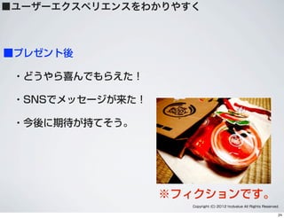 Copyright (C) 2012 hcdvalue All Rights Reserved.
■プレゼント後
 ・どうやら喜んでもらえた！
 ・SNSでメッセージが来た！
 ・今後に期待が持てそう。
※フィクションです。
■ユーザーエクスペリエンスをわかりやすく
24
 