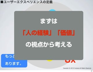 UX
人間工学
ユーザビリティ
アクセシビリティ
UI
ユーザー
マーケティング
Web
スマートフォン
アジャイル
ステークホルダー
ブランディング
販売
ビジュアルデザイン
製品デザイン
LeanUX
ライティング
経営分析
ハードウェア
ソフトウェア
システム分析
ユーザーサポート
Copyright (C) 2012 hcdvalue All Rights Reserved.
もっと沢山
あります。
ユーザビリティやユーザーイン
ターフェースからの視点は「モ
ノ」の視点です、ユーザーエク
スペリエンスデザインで重要な
ことは「コト」の視点
まずは
「人の経験」「価値」
の視点から考える
■ユーザーエクスペリエンスの定義
27
 