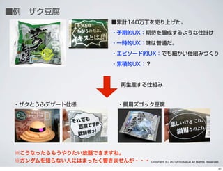 ■例 ザク豆腐
■累計140万丁を売り上げた。
・予期的UX：期待を醸成するような仕掛け
・一時的UX：味は普通だ。
・エピソード的UX：でも細かい仕組みづくり
・累積的UX：？
※こうなったらもうやりたい放題できますね。 
※ガンダムを知らない人にはまったく響きませんが・・・
・ザクとうふデザート仕様 ・鍋用ズゴック豆腐
再生産する仕組み
Copyright (C) 2012 hcdvalue All Rights Reserved.
37
 