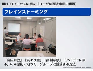 ブレインストーミング
■HCDプロセスの手法（ユーザの要求事項の明示）
Copyright (C) 2012 hcdvalue All Rights Reserved.
「自由奔放」「質より量」「批判厳禁」「アイデアに乗
る」の４原則に沿って、グループで議論する方法
49
 