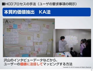 本質的価値抽出 KA法
Copyright (C) 2012 hcdvalue All Rights Reserved.
沢山のインタビューデータなどから、
ユーザーの価値に注目してマッピングする方法
■HCDプロセスの手法（ユーザの要求事項の明示）
51
 
