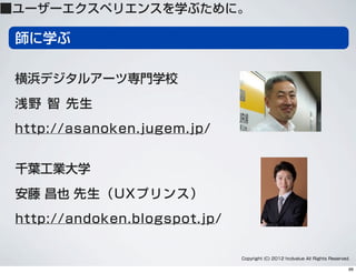 師に学ぶ
横浜デジタルアーツ専門学校
浅野 智 先生
http://asanoken.jugem.jp/
千葉工業大学
安藤 昌也 先生（UXプリンス）
http://andoken.blogspot.jp/
Copyright (C) 2012 hcdvalue All Rights Reserved.
■ユーザーエクスペリエンスを学ぶために。
66
 