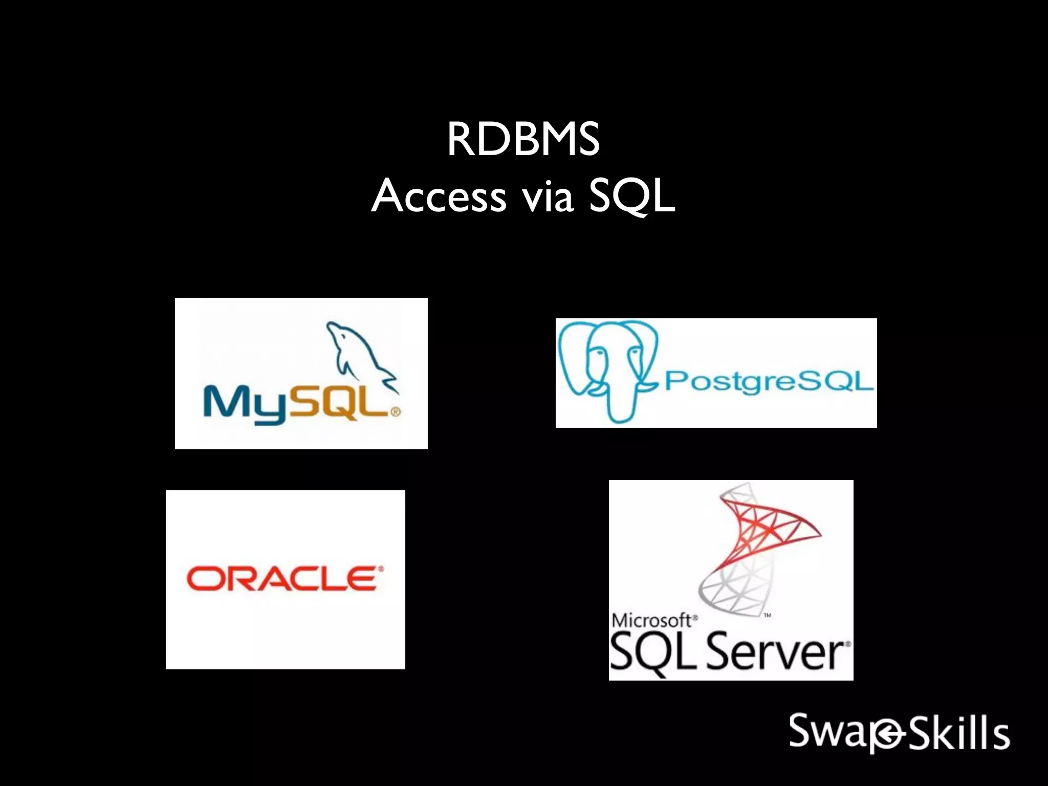 RDBMS
Access via SQL
 