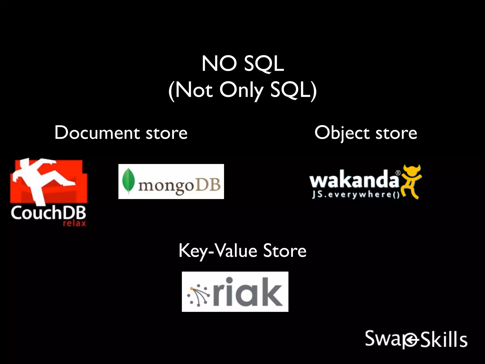 NO SQL
           (Not Only SQL)
Document store                Object store




            Key-Value Store
 