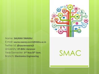 SMAC
Name: SAURAV SWARAJ
E-mail: saurav.swaraj.ece12@iitbhu.ac.in
Twitter Id: @sauravswaraj3
University: IIT-BHU ,Varanasi
Year/Semester: 3rd Year/6th Sem.
Branch: Electronics Engineering
 