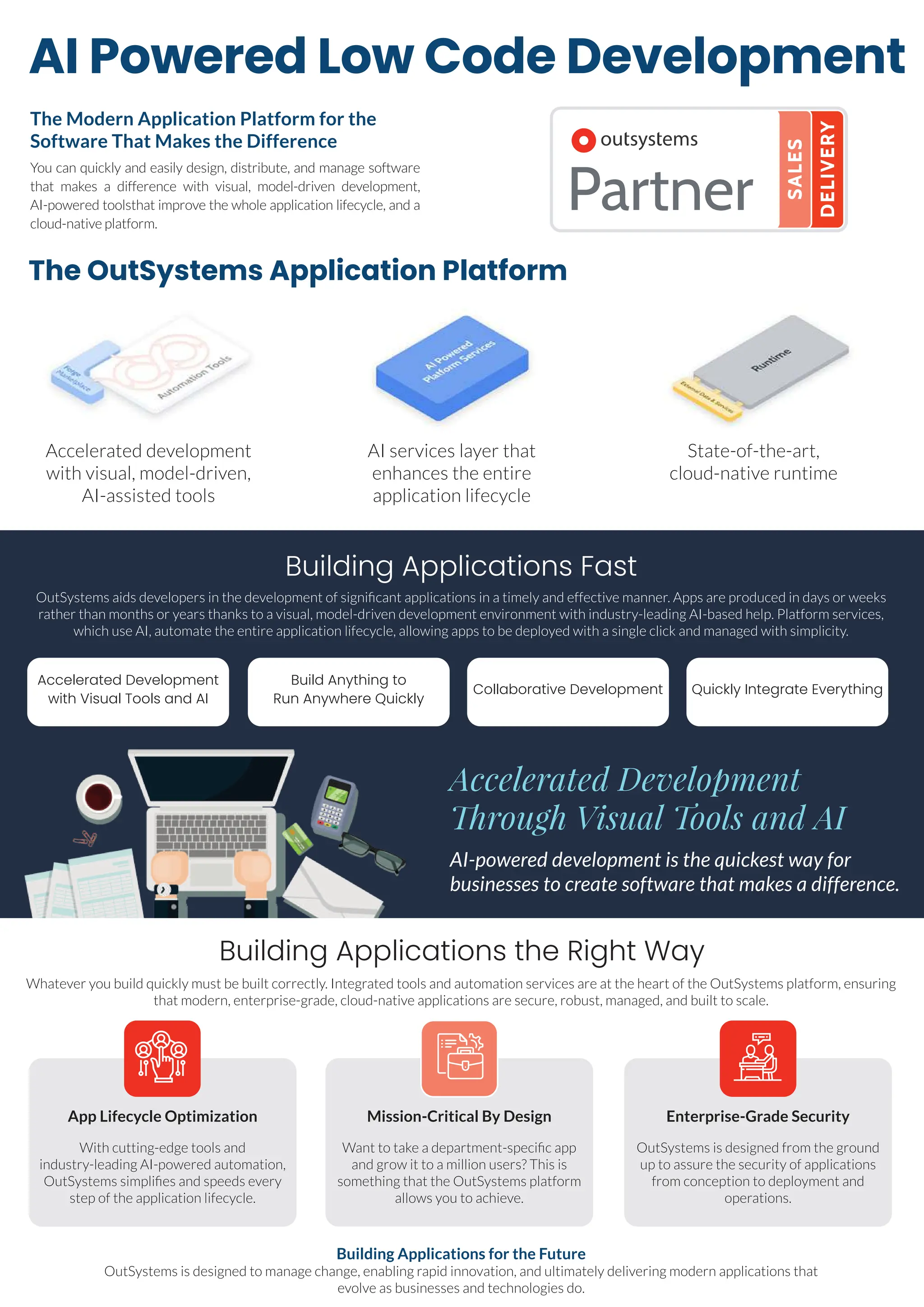 AI Powered Low Code Development
The OutSystems Application Platform
Building Applications Fast
OutSystems aids developers in the development of signiﬁcant applications in a timely and effective manner. Apps are produced in days or weeks
rather than months or years thanks to a visual, model-driven development environment with industry-leading AI-based help. Platform services,
which use AI, automate the entire application lifecycle, allowing apps to be deployed with a single click and managed with simplicity.
Building Applications the Right Way
Whatever you build quickly must be built correctly. Integrated tools and automation services are at the heart of the OutSystems platform, ensuring
that modern, enterprise-grade, cloud-native applications are secure, robust, managed, and built to scale.
Accelerated development
with visual, model-driven,
AI-assisted tools
AI services layer that
enhances the entire
application lifecycle
State-of-the-art,
cloud-native runtime
AI-powered development is the quickest way for
businesses to create software that makes a difference.
Accelerated Development
Through Visual Tools and AI
Accelerated Development
with Visual Tools and AI
Build Anything to
Run Anywhere Quickly
Collaborative Development Quickly Integrate Everything
Building Applications for the Future
OutSystems is designed to manage change, enabling rapid innovation, and ultimately delivering modern applications that
evolve as businesses and technologies do.
App Lifecycle Optimization
With cutting-edge tools and
industry-leading AI-powered automation,
OutSystems simpliﬁes and speeds every
step of the application lifecycle.
Mission-Critical By Design
Want to take a department-speciﬁc app
and grow it to a million users? This is
something that the OutSystems platform
allows you to achieve.
Enterprise-Grade Security
OutSystems is designed from the ground
up to assure the security of applications
from conception to deployment and
operations.
The Modern Application Platform for the
Software That Makes the Difference
You can quickly and easily design, distribute, and manage software
that makes a difference with visual, model-driven development,
AI-powered toolsthat improve the whole application lifecycle, and a
cloud-native platform.
 