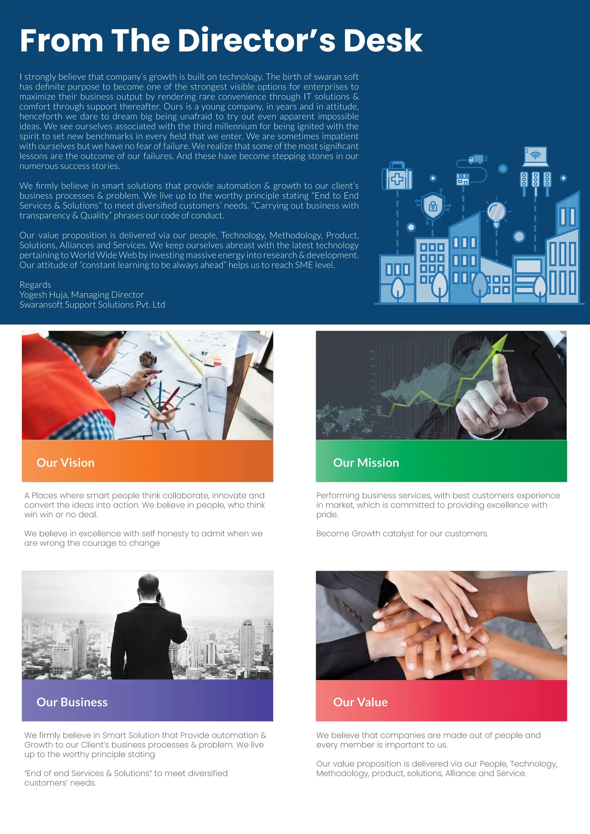 From The Director’s Desk
I strongly believe that company’s growth is built on technology. The birth of swaran soft
has deﬁnite purpose to become one of the strongest visible options for enterprises to
maximize their business output by rendering rare convenience through IT solutions &
comfort through support thereafter. Ours is a young company, in years and in attitude,
henceforth we dare to dream big being unafraid to try out even apparent impossible
ideas. We see ourselves associated with the third millennium for being ignited with the
spirit to set new benchmarks in every ﬁeld that we enter. We are sometimes impatient
with ourselves but we have no fear of failure. We realize that some of the most signiﬁcant
lessons are the outcome of our failures. And these have become stepping stones in our
numerous success stories.
We ﬁrmly believe in smart solutions that provide automation & growth to our client’s
business processes & problem. We live up to the worthy principle stating “End to End
Services & Solutions” to meet diversiﬁed customers’ needs. “Carrying out business with
transparency & Quality” phrases our code of conduct.
Our value proposition is delivered via our people, Technology, Methodology, Product,
Solutions, Alliances and Services. We keep ourselves abreast with the latest technology
pertaining to World Wide Web by investing massive energy into research & development.
Our attitude of “constant learning to be always ahead” helps us to reach SME level.
Regards
Yogesh Huja, Managing Director
Swaransoft Support Solutions Pvt. Ltd
A Places where smart people think collaborate, innovate and
convert the ideas into action. We believe in people, who think
win win or no deal.
We believe in excellence with self honesty to admit when we
are wrong the courage to change
Performing business services, with best customers experience
in market, which is committed to providing excellence with
pride.
Become Growth catalyst for our customers.
We firmly believe in Smart Solution that Provide automation &
Growth to our Client’s business processes & problem. We live
up to the worthy principle stating
“End of end Services & Solutions” to meet diversified
customers’ needs.
We believe that companies are made out of people and
every member is important to us.
Our value proposition is delivered via our People, Technology,
Methodology, product, solutions, Alliance and Service.
Our Mission
Our Vision
Our Value
Our Business
 