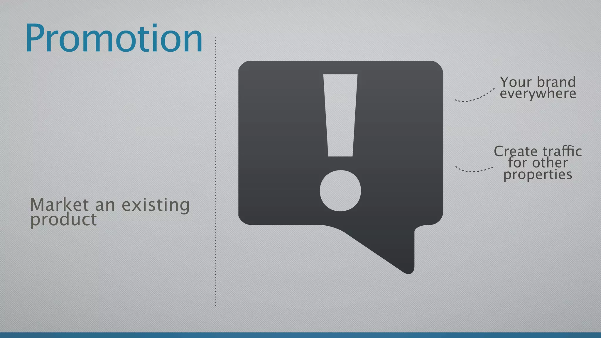 Promotion
                     Your brand
                     everywhere



                     Create traffic
                       for other
                      properties

Market an existing
product
 