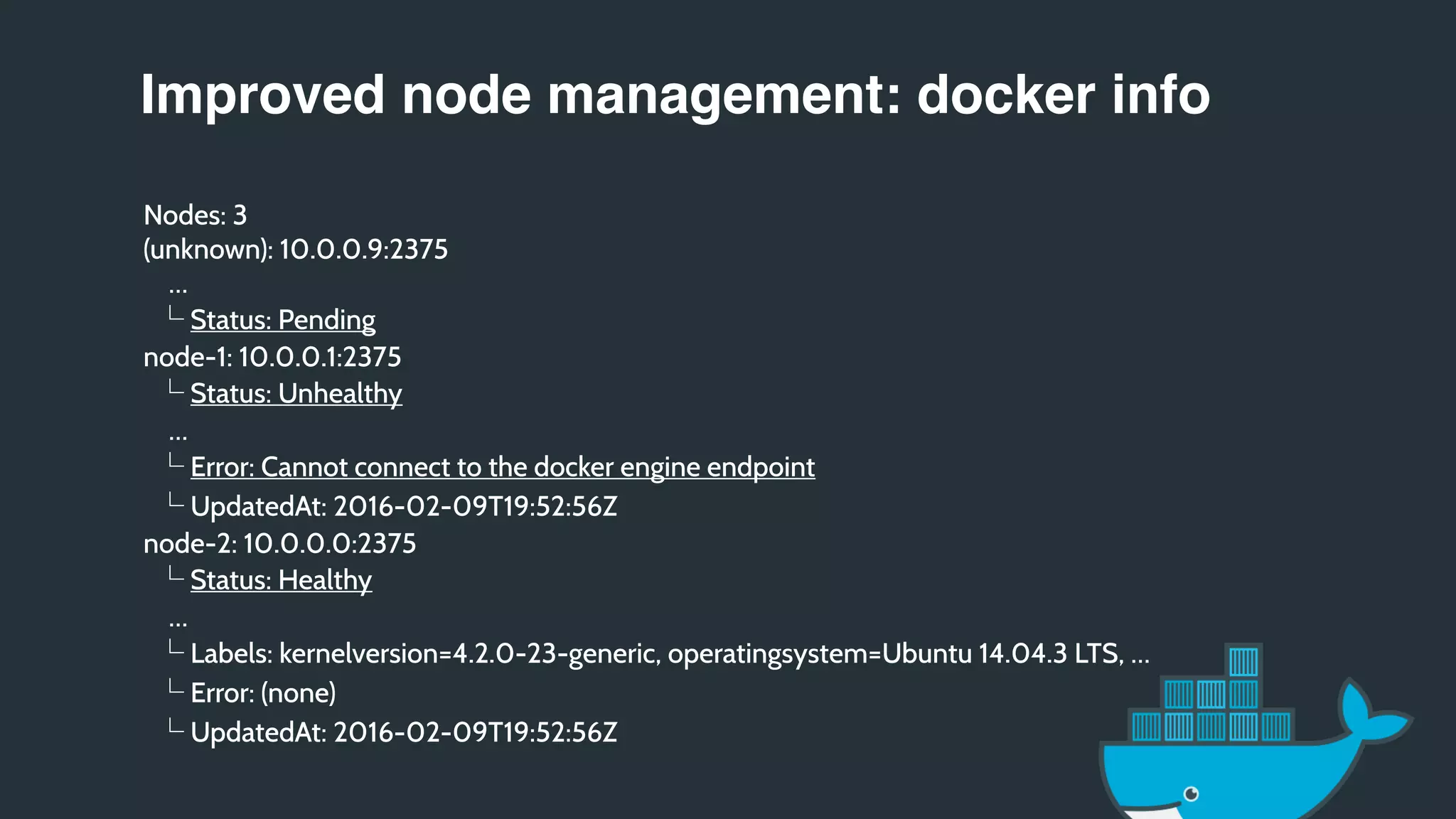 Improved node management: docker info
Nodes: 3
(unknown): 10.0.0.9:2375
…
Status: Pending
node-1: 10.0.0.1:2375
Status: Unhealthy
…
Error: Cannot connect to the docker engine endpoint
UpdatedAt: 2016-02-09T19:52:56Z
node-2: 10.0.0.0:2375
Status: Healthy
…
Labels: kernelversion=4.2.0-23-generic, operatingsystem=Ubuntu 14.04.3 LTS, …
Error: (none)
UpdatedAt: 2016-02-09T19:52:56Z
 