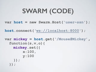 SWARM (CODE)
var host = new Swarm.Host('user~ssn');
!
host.connect(‘ws://localhost:8000');
!
var mickey = host.get(‘/Mouse#Mickey’,
function(s,v,o){
mickey.set({
x:100,
y:100
});
});
 