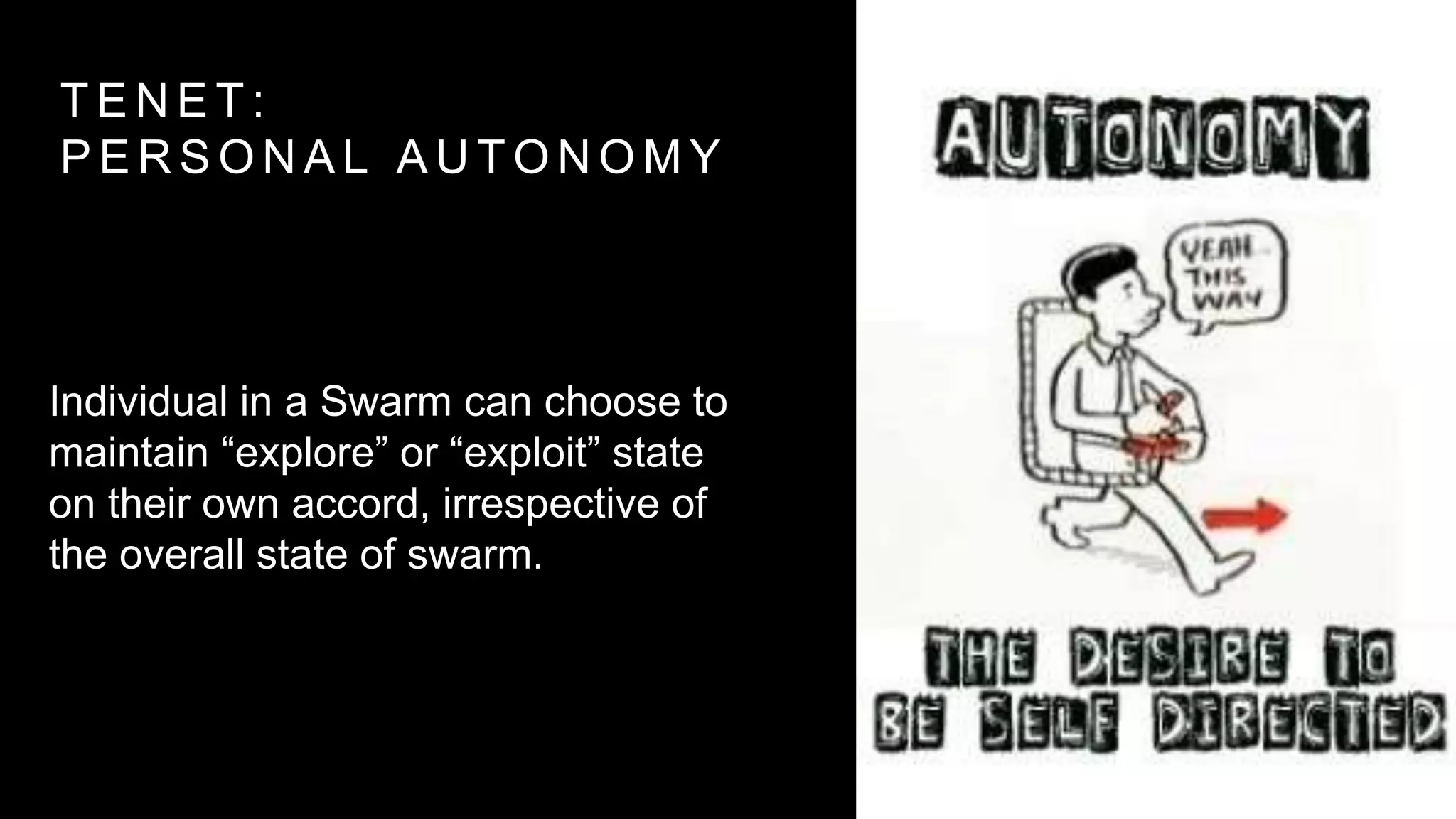 T E N E T :
P E R S O N A L A U T O N O M Y
Individual in a Swarm can choose to
maintain “explore” or “exploit” state
on their own accord, irrespective of
the overall state of swarm.
 