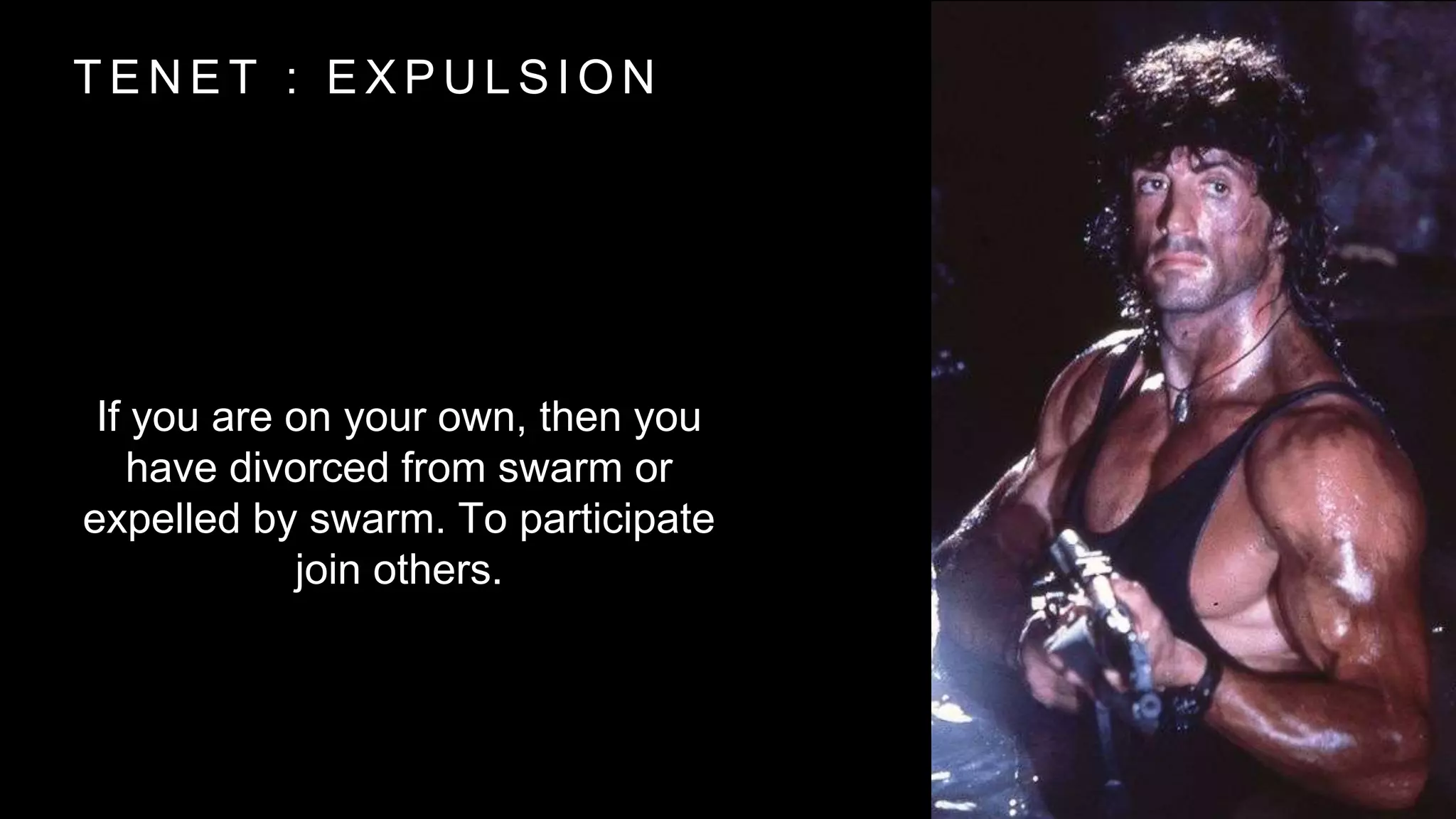 T E N E T : E X P U L S I O N
If you are on your own, then you
have divorced from swarm or
expelled by swarm. To participate
join others.
 