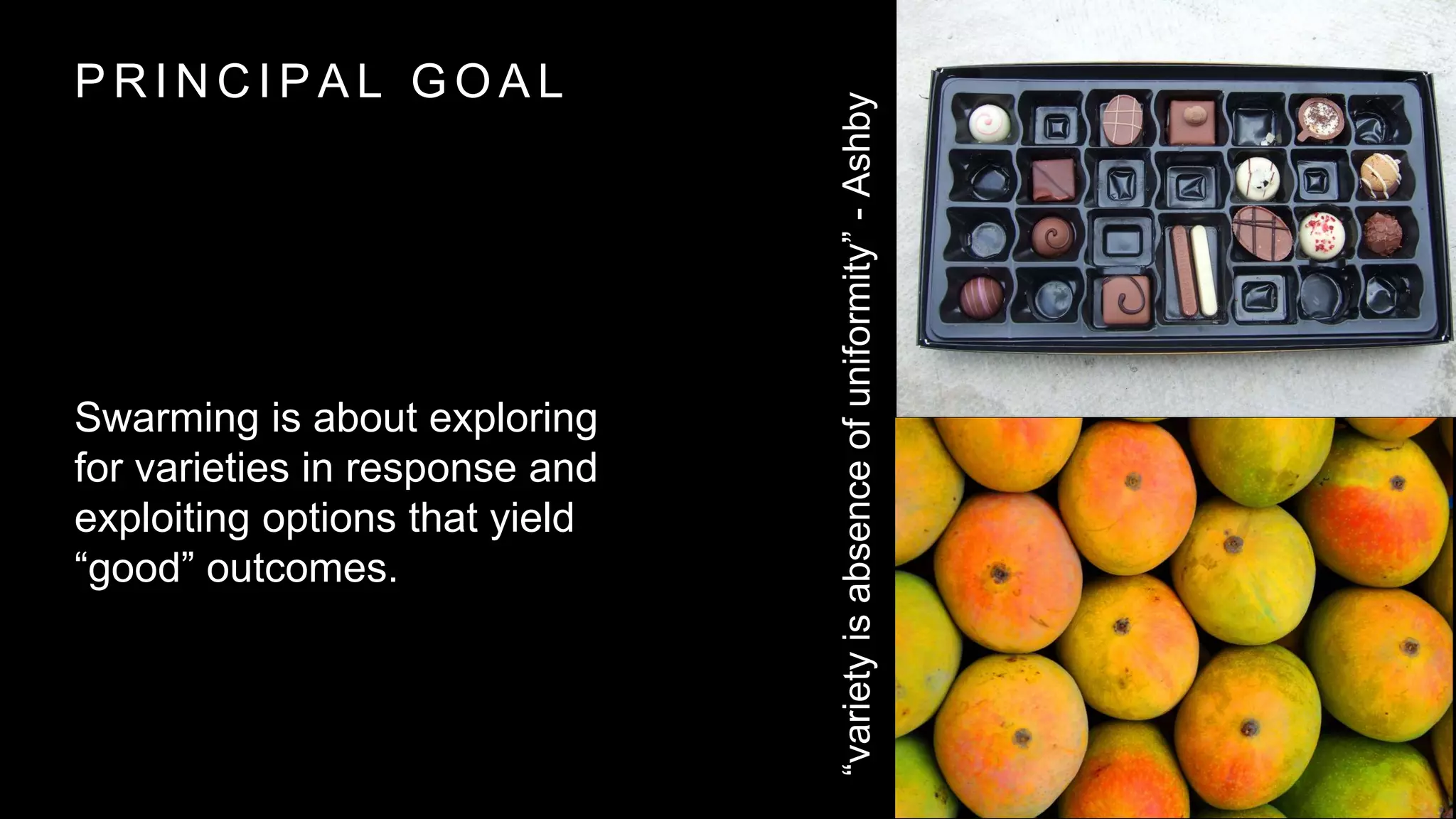 P R I N C I P A L G O A L
Swarming is about exploring
for varieties in response and
exploiting options that yield
“good” outcomes.
“varietyisabsenceofuniformity”-Ashby
 