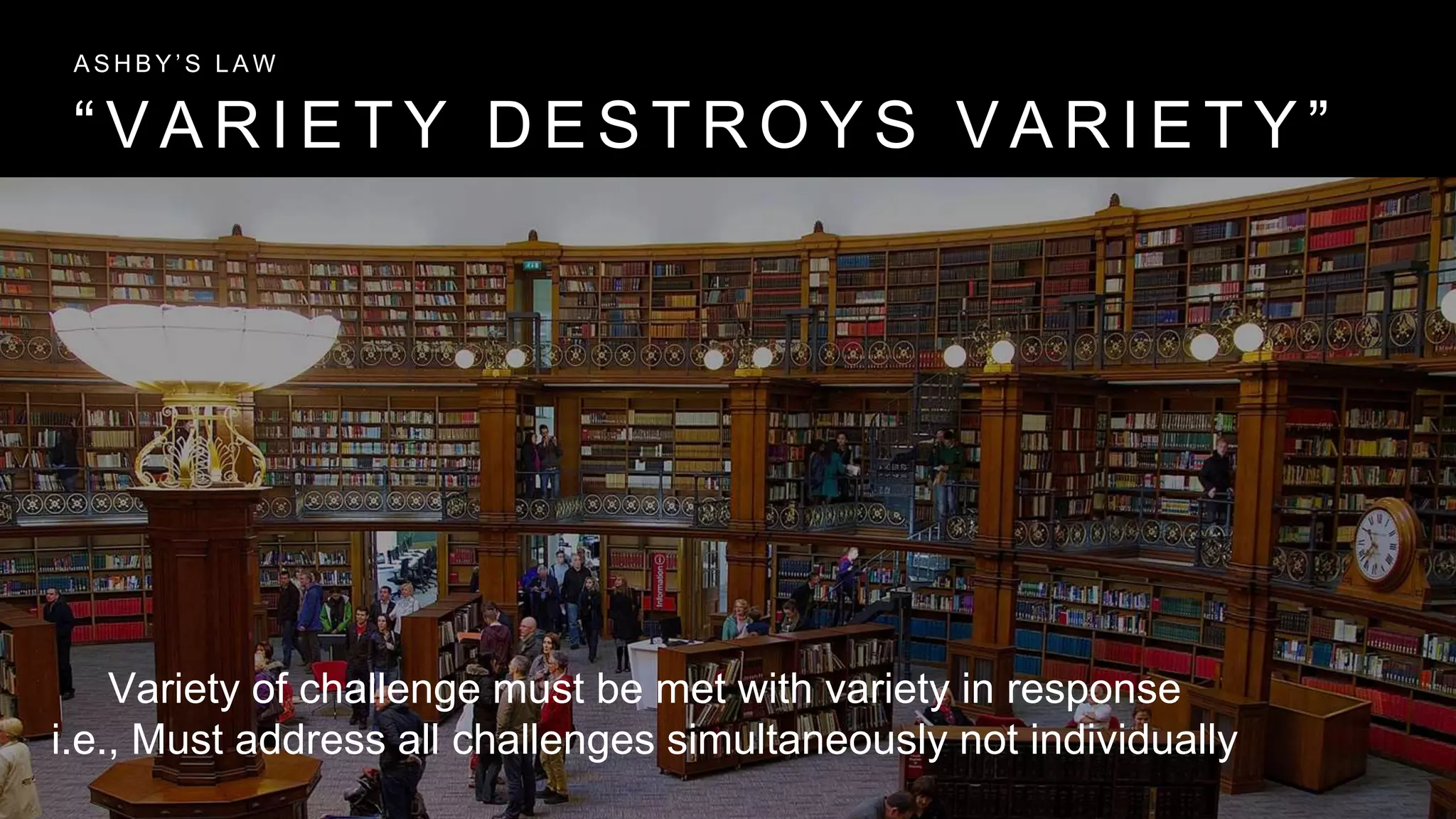 “ V A R I E T Y D E S T R O Y S V A R I E T Y ”
A S H B Y ’ S L A W
Variety of challenge must be met with variety in response
i.e., Must address all challenges simultaneously not individually
 