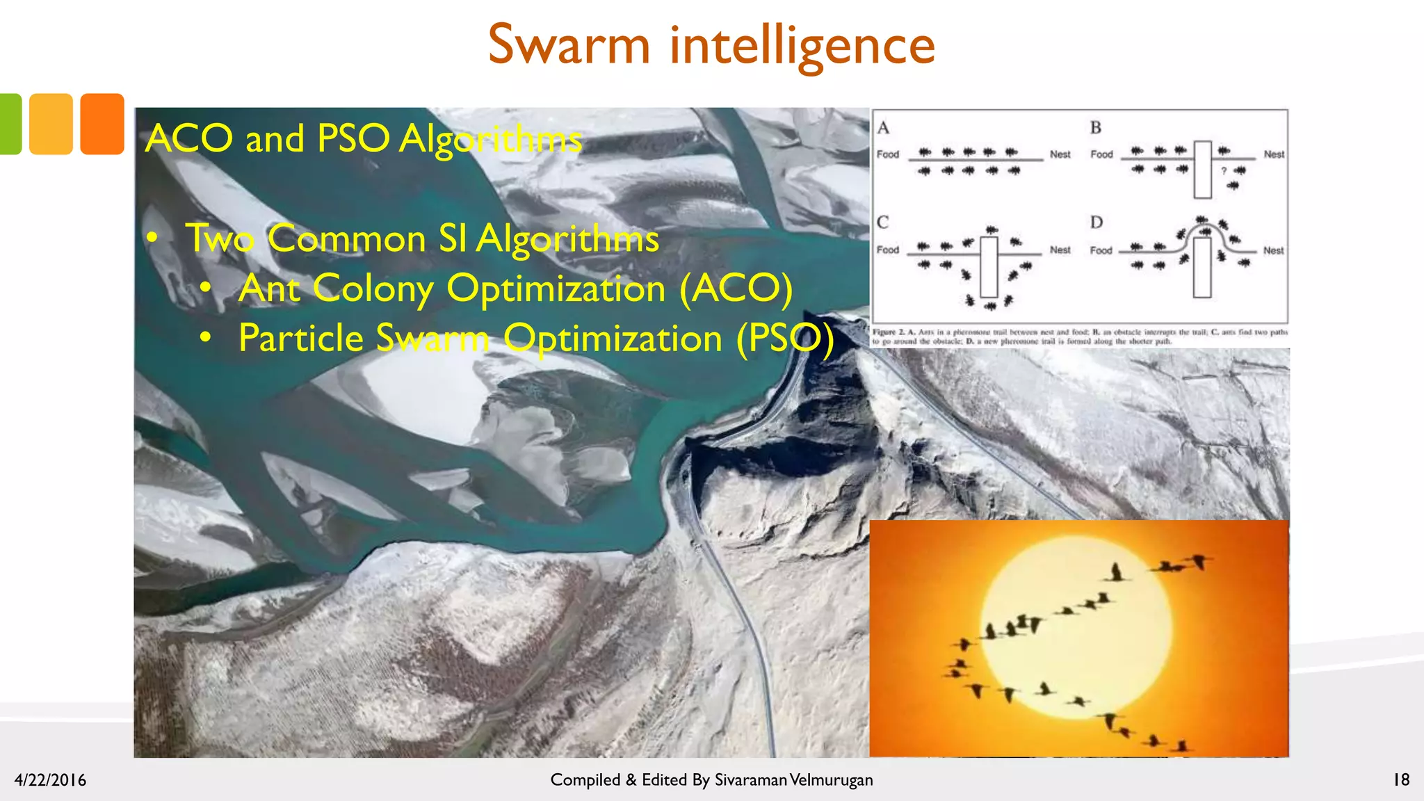 4/22/2016 Compiled & Edited By SivaramanVelmurugan 18
Swarm intelligence
ACO and PSO Algorithms
• Two Common SI Algorithms
• Ant Colony Optimization (ACO)
• Particle Swarm Optimization (PSO)
 