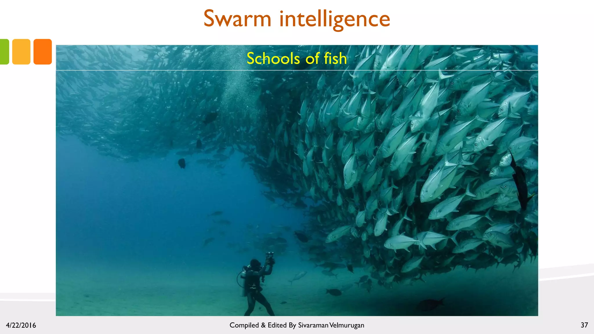 Schools of fish
4/22/2016 Compiled & Edited By SivaramanVelmurugan 37
Swarm intelligence
 