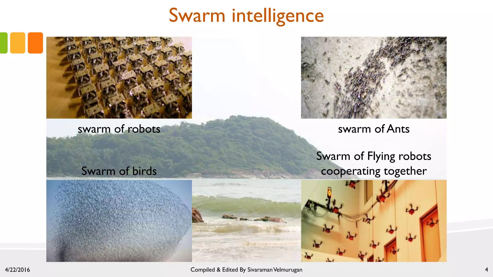 4/22/2016 Compiled & Edited By SivaramanVelmurugan 4
Swarm intelligence
swarm of robots swarm of Ants
Swarm of birds
Swarm of Flying robots
cooperating together
 