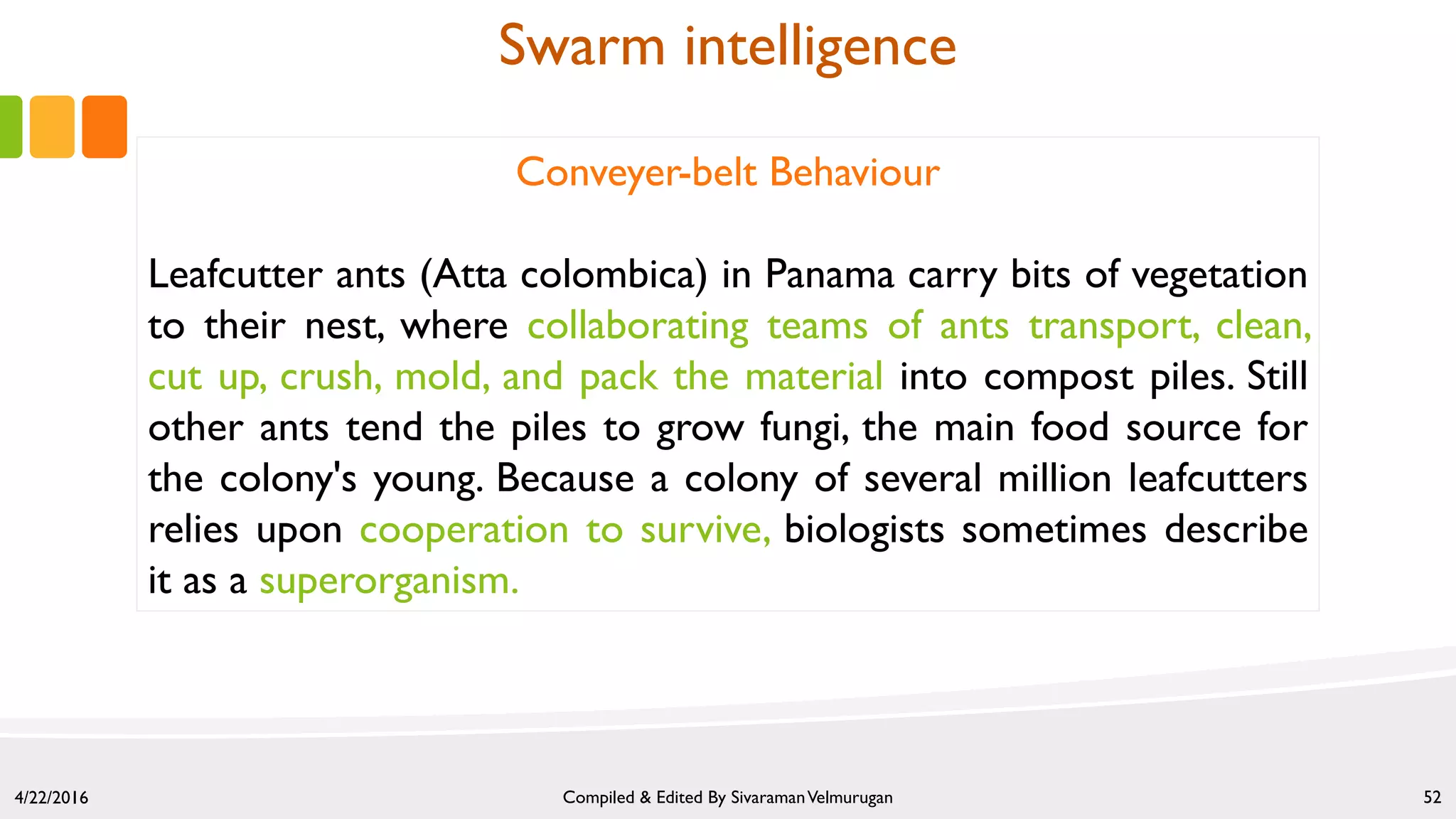 4/22/2016 Compiled & Edited By SivaramanVelmurugan 52
Conveyer-belt Behaviour
Leafcutter ants (Atta colombica) in Panama carry bits of vegetation
to their nest, where collaborating teams of ants transport, clean,
cut up, crush, mold, and pack the material into compost piles. Still
other ants tend the piles to grow fungi, the main food source for
the colony's young. Because a colony of several million leafcutters
relies upon cooperation to survive, biologists sometimes describe
it as a superorganism.
Swarm intelligence
 