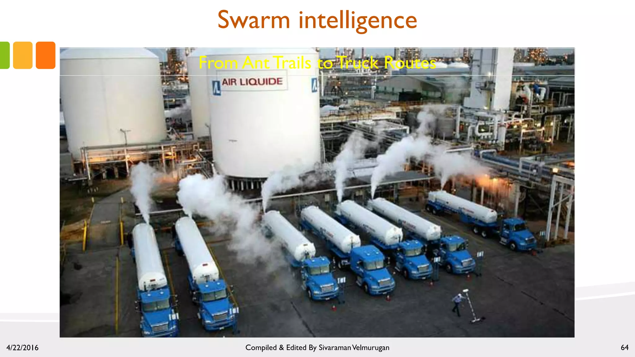 4/22/2016 Compiled & Edited By SivaramanVelmurugan 64
From Ant Trails to Truck Routes
Swarm intelligence
 