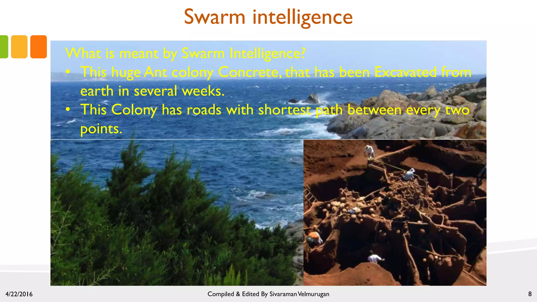 Swarm intelligence
4/22/2016 Compiled & Edited By SivaramanVelmurugan 8
What is meant by Swarm Intelligence?
• This huge Ant colony Concrete, that has been Excavated from
earth in several weeks.
• This Colony has roads with shortest path between every two
points.
 