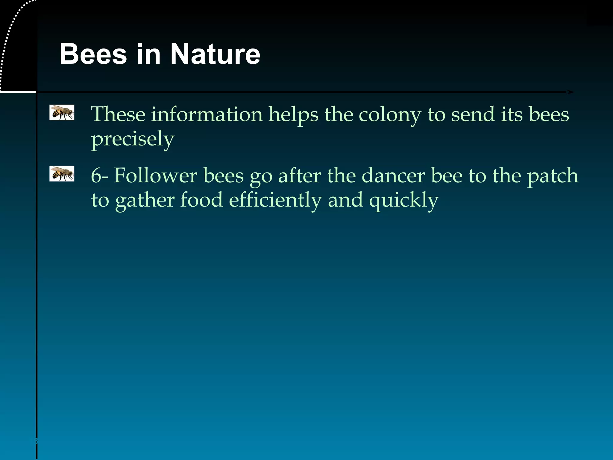 13
Bees in Nature
These information helps the colony to send its bees
precisely
6- Follower bees go after the dancer bee to the patch
to gather food efficiently and quickly
 