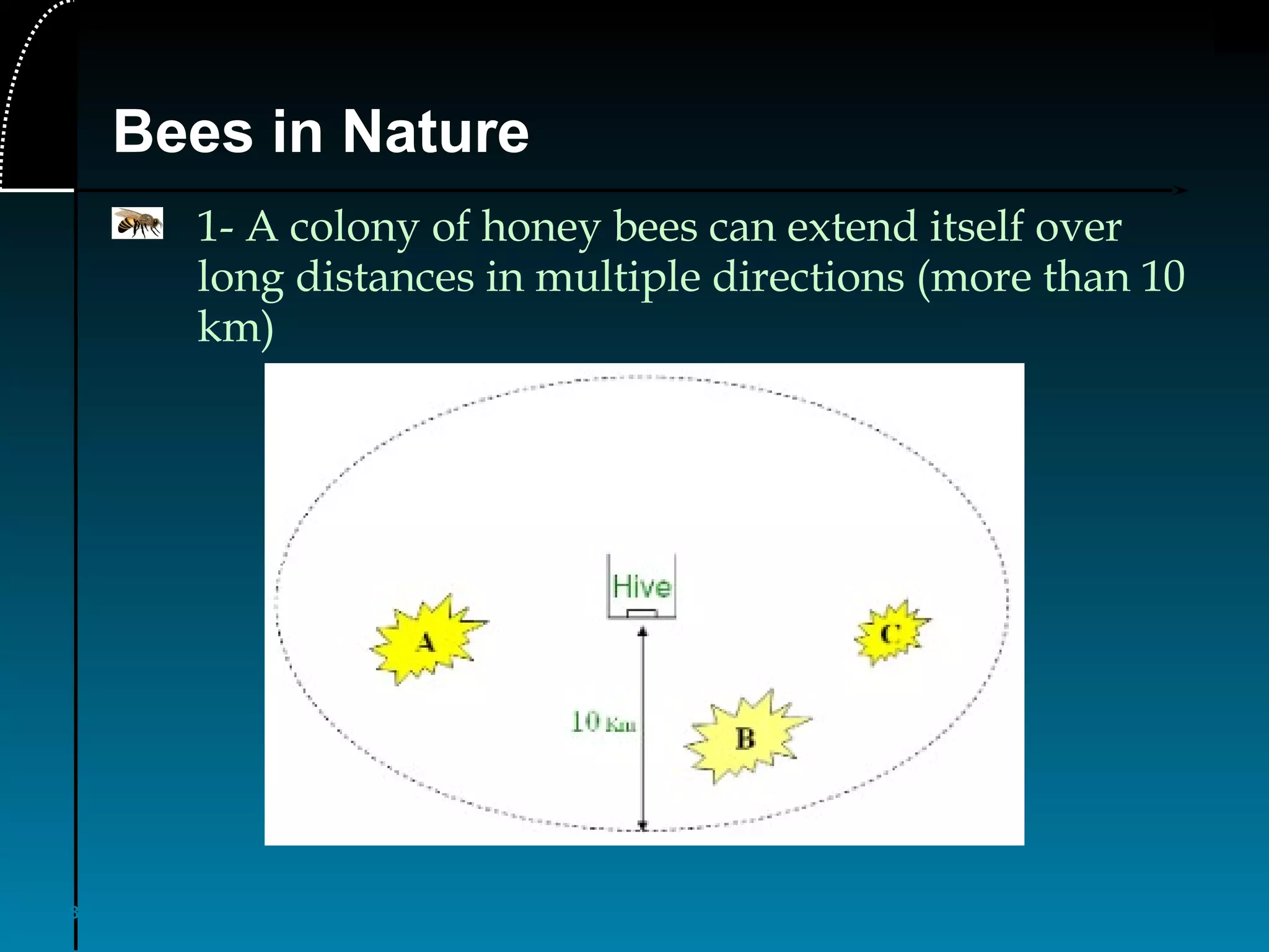 8
Bees in Nature
1- A colony of honey bees can extend itself over
long distances in multiple directions (more than 10
km)
 