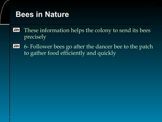 13
Bees in Nature
These information helps the colony to send its bees
precisely
6- Follower bees go after the dancer bee to the patch
to gather food efficiently and quickly
 