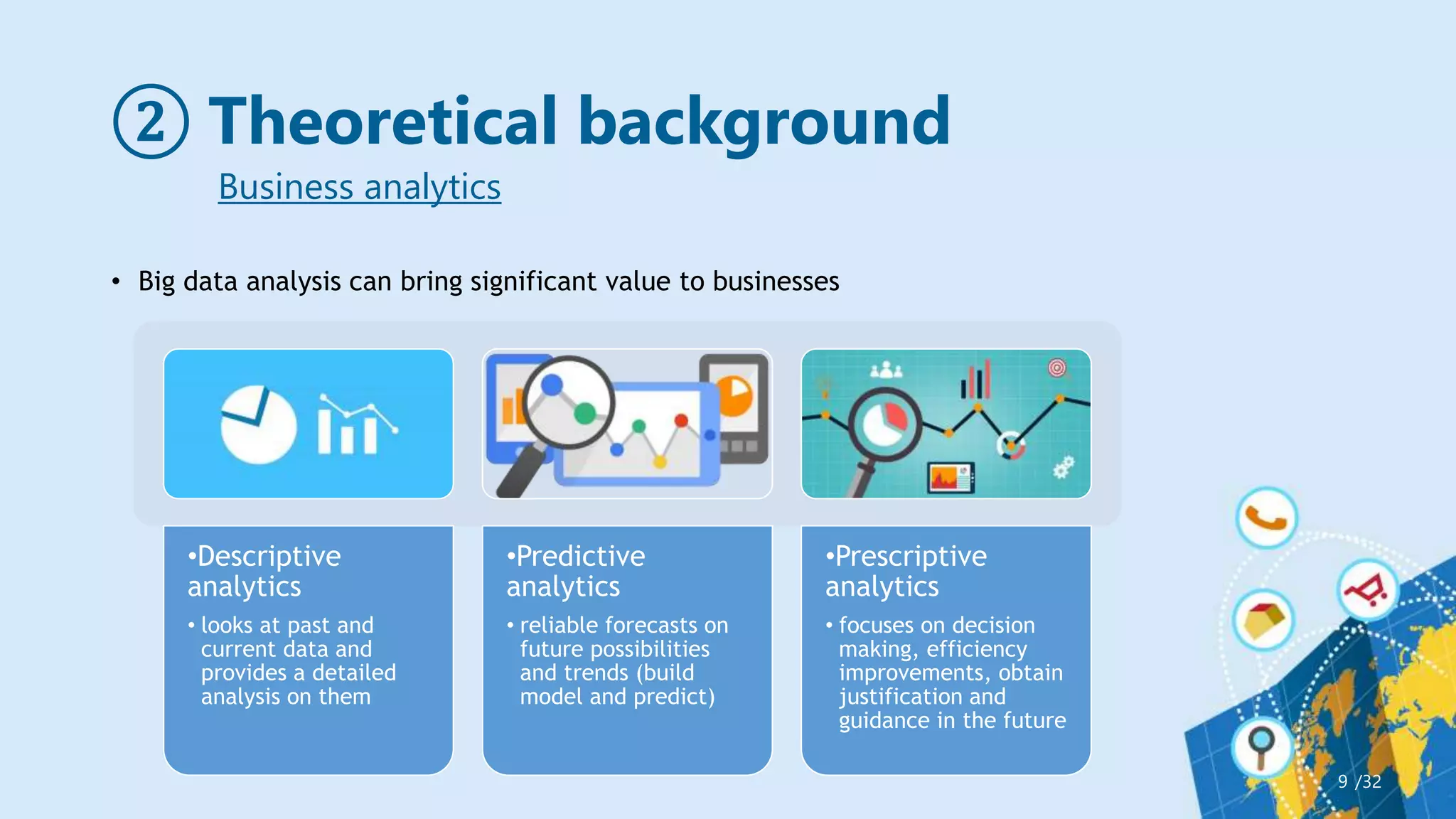 ② Theoretical background
• Big data analysis can bring significant value to businesses
/32
9
Business analytics
•Descriptive
analytics
• looks at past and
current data and
provides a detailed
analysis on them
•Predictive
analytics
• reliable forecasts on
future possibilities
and trends (build
model and predict)
•Prescriptive
analytics
• focuses on decision
making, efficiency
improvements, obtain
justification and
guidance in the future
 