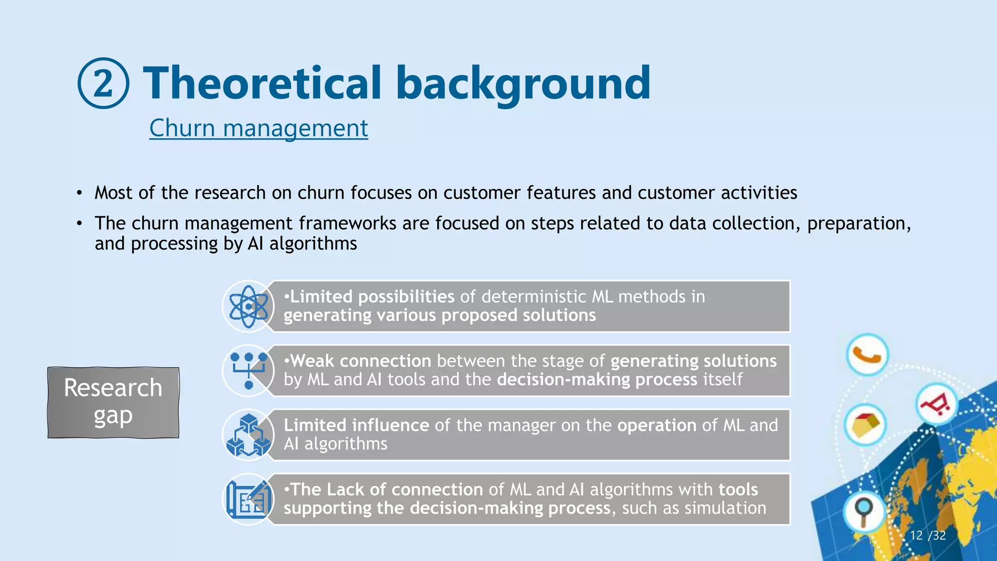 ② Theoretical background
/32
12
Churn management
• Most of the research on churn focuses on customer features and customer activities
• The churn management frameworks are focused on steps related to data collection, preparation,
and processing by AI algorithms
•Limited possibilities of deterministic ML methods in
generating various proposed solutions
•Weak connection between the stage of generating solutions
by ML and AI tools and the decision-making process itself
Limited influence of the manager on the operation of ML and
AI algorithms
•The Lack of connection of ML and AI algorithms with tools
supporting the decision-making process, such as simulation
Research
gap
 